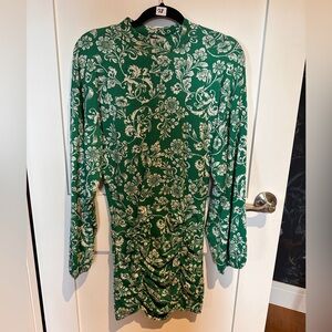 Zara Green And White Jacard Bell Sleeve Dress